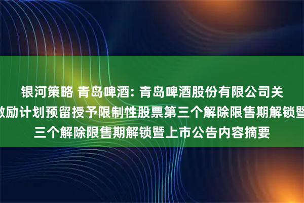 银河策略 青岛啤酒: 青岛啤酒股份有限公司关于A股限制性股票激励计划预留授予限制性股票第三个解除限售期解锁暨上市公告内容摘要